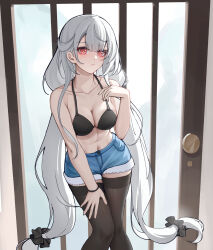 Rule 34 | + +, 1girl, alternate costume, azur lane, bare shoulders, black bra, black thighhighs, bra, bracelet, breasts, cleavage, closed mouth, collarbone, cross-shaped pupils, denim, denim shorts, door, grey hair, hand on own thigh, hand up, highres, jewelry, large breasts, long hair, low twintails, menck5428, navel, red eyes, scylla (azur lane), shorts, solo, stomach, symbol-shaped pupils, thighhighs, twintails, underwear, very long hair