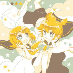 Rule 34 | 1boy, 1girl, blonde hair, blue eyes, bow, brother and sister, head rest, cloud, color guide, dress, hair bow, hair ornament, hairclip, hands on own cheeks, hands on own face, kagamine len, kagamine rin, limited palette, nightcat, open mouth, ponytail, sailor collar, sailor dress, shorts, siblings, smile, star-shaped pupils, star (symbol), symbol-shaped pupils, twins, vocaloid