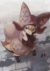 Rule 34 | animal ear fluff, blush, braixen, brick floor, clothed pokemon, coat, commentary, creatures (company), floral print, fox tail, full body, furry, game freak, gen 6 pokemon, highres, holding, ikei, long sleeves, looking at viewer, nintendo, no humans, outdoors, pokemon, pokemon (creature), puddle, rain, raincoat, red coat, red eyes, red nose, signature, solo, standing, symbol-only commentary, tail