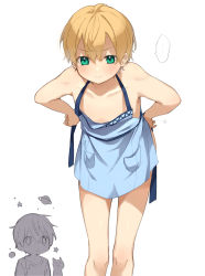 Rule 34 | ..., 2boys, absurdres, apron, bare arms, bare shoulders, bent over, blondde hair, blonde hair, blue apron, blush, cat, closed mouth, collarbone, commentary request, eugeo, feet out of frame, frown, green eyes, halterneck, hand on own hip, highres, kirito, long legs, looking at another, looking at viewer, male focus, multiple boys, naked apron, noro (ro no), shirt, short hair, simple background, solo focus, speech bubble, standing, staring, sword art online, sword art online: alicization, trap, white background