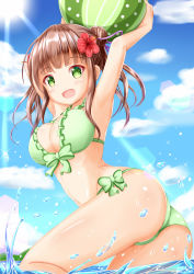 Rule 34 | 1girl, arms up, ass, ball, bare arms, bare shoulders, beachball, bikini, blue sky, blush, bow, breasts, cleavage, cloud, commentary request, dated, day, double bun, flower, gochuumon wa usagi desu ka?, green bikini, green bow, green eyes, hair bun, hair flower, hair ornament, hair ribbon, highres, holding, holding ball, large breasts, long hair, ocean, outdoors, purple ribbon, red flower, ribbon, side bun, sidelocks, single hair bun, single side bun, sky, solo, swimsuit, twintails, twitter username, ujimatsu chiya, water, xenon (for achieve)