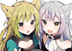 Rule 34 | 2girls, :o, ahoge, animal ear fluff, animal ears, atalanta (fate), atalanta alter (fate), atalanta alter (first ascension) (fate), bad id, bad pixiv id, bare shoulders, blush, braid, buckle, cat ears, cleavage cutout, closed eyes, clothing cutout, collar, fang, fate/grand order, fate (series), french braid, green eyes, green hair, grey hair, ikeuchi tanuma, long hair, multiple girls, open mouth, puffy sleeves, simple background, sketch, sweatdrop, upper body, v-shaped eyebrows, white background