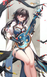 Rule 34 | 1girl, absurdres, bare legs, bare shoulders, bird, black hair, blue dress, blue gloves, breasts, cleavage, closed eyes, clothing cutout, commentary request, dress, feet out of frame, flan (f l an), gloves, hair between eyes, hair intakes, highres, holding, holding instrument, honkai: star rail, honkai (series), instrument, long hair, looking at viewer, medium breasts, parted lips, ruan mei (honkai: star rail), short sleeves, shoulder cutout, sitting, solo, thigh strap, thighs, very long hair