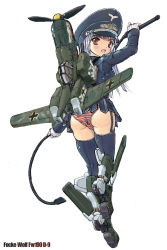 Rule 34 | 1girl, aircraft, airplane, balkenkreuz, black thighhighs, cross, focke wolf, fw 190, hat, looking back, mecha musume, military, military uniform, open mouth, original, panties, pantyshot, personification, purple hair, red eyes, simple background, skirt, solo, soukaa (artist), soukaa (golden sash), striped clothes, striped panties, thighhighs, underwear, uniform, upskirt, whip, world war ii