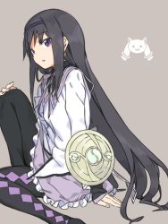 Rule 34 | 1girl, akemi homura, argyle, argyle clothes, argyle legwear, arm support, black hair, black pantyhose, blouse, buckler, commentary, foot out of frame, frilled skirt, frills, from side, grey background, haimura kiyotaka, hairband, hand on own knee, highres, knee up, long hair, long sleeves, looking at viewer, mahou shoujo madoka magica, mahou shoujo madoka magica (anime), neck ribbon, open mouth, pantyhose, purple eyes, purple hairband, purple ribbon, purple skirt, ribbon, sailor collar, shield, shirt, sidelocks, simple background, sitting, sketch, skirt, sleeves past wrists, solo, symbol-only commentary, very long hair, white shirt