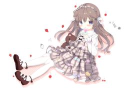 Rule 34 | 1girl, animal ears, azur lane, blue eyes, blush, brown dress, brown footwear, brown hair, candy, commentary request, crescent, crescent hair ornament, dog ears, dress, food, full body, fumizuki (azur lane), hair ornament, hairband, hairclip, lolita fashion, lollipop, long hair, no tail, hugging object, pantyhose, ribbon, shoes, simple background, sitting, solo, stuffed animal, stuffed toy, sweet lolita, teddy bear, white background, white pantyhose, yuru (xxyuruxx)
