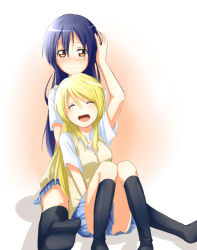 Rule 34 | 2girls, arm up, ayase eli, bad id, bad pixiv id, black legwear, blonde hair, blue hair, blush, breasts, brown eyes, closed eyes, closed mouth, couple, embarrassed, hand in another&#039;s hair, hand in lap, hand in own hair, hand on another&#039;s head, hand up, happy, laughing, legs up, long hair, looking to the side, love live!, love live! school idol project, multiple girls, open mouth, pleated skirt, sakura ai ke, school uniform, shadow, shirt, short sleeves, sitting, skirt, smile, socks, sonoda umi, spread legs, sweater vest, teeth, tongue, white shirt, yuri