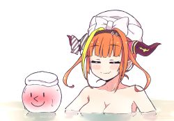 Rule 34 | 1girl, bath, bathing, black hairband, blonde hair, blunt bangs, blush, bow, breasts, cleavage, closed eyes, collarbone, commentary, diagonal-striped bow, dragon girl, dragon horns, emoticon, english commentary, fang, full-face blush, hairband, hololive, horn bow, horn ornament, horns, kiryu coco, kukie-nyan, large breasts, mixed-sex bathing, multicolored hair, nude, orange hair, partially submerged, pointy ears, shared bathing, simple background, skin fang, smile, streaked hair, striped, striped bow, sweatdrop, towel, towel on head, virtual youtuber, water, white background, white towel