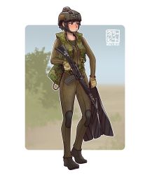 Rule 34 | 1girl, absurdres, assault rifle, black hair, bodysuit, brown hair, camouflage, camouflage jacket, closed mouth, diving suit, fins, full body, gloves, green gloves, gun, hat, highres, holding, holding gun, holding weapon, howa type 89, jacket, long sleeves, military, military hat, military uniform, military vehicle, motor vehicle, original, rifle, short hair, simple background, solo, tank, uniform, vest, weapon, wetsuit, white background, willy pete