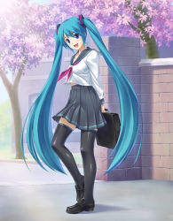 Rule 34 | 1girl, alternate costume, aqua hair, arms behind back, blue eyes, cherry blossoms, hatsune miku, highres, legs, loafers, long hair, looking at viewer, open mouth, school uniform, serafuku, shoes, smile, solo, thighhighs, twintails, very long hair, vocaloid, wacchi, zettai ryouiki