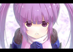 Rule 34 | 1girl, face, gradient background, letterboxed, looking at viewer, looking up, own hands clasped, own hands together, purple eyes, purple hair, solo, sophie (tales), tales of (series), tales of graces, tenguu rio, twintails