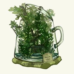 Rule 34 | artist name, fox, green theme, handle, nadia kim, no humans, original, overflowing, plant, see-through, tea plant, teapot, yellow background