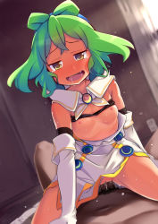 Rule 34 | 10s, 1boy, 1girl, blue eyes, breasts, censored, cowgirl position, crossed bangs, elbow gloves, gigokku, girl on top, gloves, green hair, hacka doll, hacka doll 4, hetero, highres, male pubic hair, nipples, open mouth, penis, pubic hair, saliva, sex, short hair, small breasts, smile, solo focus, straddling, tears, vaginal, white gloves, yellow eyes
