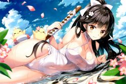 Rule 34 | 1girl, 3:, azur lane, black hair, blurry, blurry foreground, bokken, bow, breasts, brown eyes, casual one-piece swimsuit, center opening, cleavage, cowboy shot, criss-cross halter, cropped, depth of field, dutch angle, hair bow, hair flaps, halterneck, highres, large breasts, long hair, lying, navel, official art, on side, one-piece swimsuit, oryo (oryo04), partially submerged, petals, ponytail, ribbon, scan, solo, swimsuit, sword, takao (azur lane), takao (beach rhapsody) (azur lane), water, weapon, wet, white bow, white one-piece swimsuit, white ribbon, wooden sword