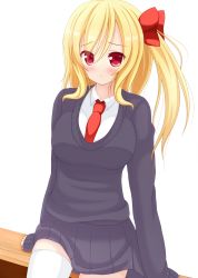 Rule 34 | 1girl, aged up, alternate costume, bad id, bad pixiv id, blonde hair, breasts, chimunge, contemporary, dress shirt, female focus, flandre scarlet, hair ribbon, highres, large breasts, long hair, necktie, no headwear, no wings, red eyes, ribbon, school uniform, shirt, side ponytail, simple background, skirt, solo, sweater, thighhighs, touhou, white background, white thighhighs, zettai ryouiki