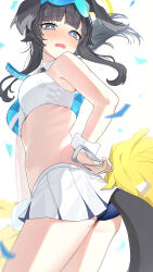 Rule 34 | 1girl, absurdres, ass, bangle, bare arms, bare shoulders, black hair, blue archive, blue eyes, blue panties, blunt bangs, blush, bracelet, breasts, confetti, cowboy shot, crop top, from behind, hair ornament, halo, ham3c, hand on own hip, hibiki (blue archive), hibiki (cheer squad) (blue archive), highres, jewelry, long hair, looking at viewer, looking back, medium breasts, midriff, miniskirt, nose blush, official alternate costume, open mouth, panties, pleated skirt, pom pom (cheerleading), ponytail, sidelocks, simple background, skirt, sleeveless, solo, standing, tail, thighs, underwear, wavy mouth, white background, white skirt