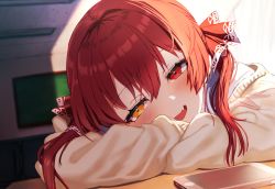 Rule 34 | 1girl, blush, head on table, highres, hololive, houshou marine, looking at viewer, open mouth, red eyes, red hair, ribbon, smile, solo, virtual youtuber