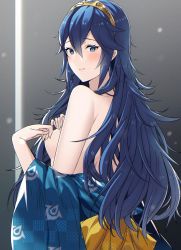 Rule 34 | 1girl, ameno (a meno0), bare shoulders, blue eyes, blue hair, blue kimono, breasts, closed mouth, clothes down, fire emblem, fire emblem awakening, from side, gold hairband, hairband, japanese clothes, kimono, kimono pull, long hair, looking at viewer, lucina (fire emblem), nintendo, obi, sash, small breasts, solo, wavy hair