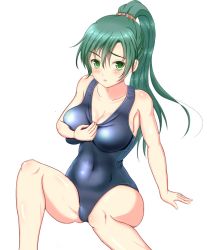 Rule 34 | 1girl, arm support, blue one-piece swimsuit, blush, breasts, cleavage, covered navel, fire emblem, fire emblem: the blazing blade, green eyes, green hair, high ponytail, long hair, looking at viewer, lyn (fire emblem), matching hair/eyes, nintendo, one-piece swimsuit, school swimsuit, simple background, sitting, solo, swimsuit, sword, weapon, white background