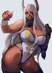 Rule 34 | 1girl, absurdres, adapted costume, animal ear fluff, animal ears, bandaid, bandaid on cheek, bandaid on face, boku no hero academia, bow, bowtie, breasts, cleavage, clothing cutout, commentary request, contrapposto, crescent print, dark-skinned female, dark skin, detached collar, fighting stance, fingernails, grin, hair between eyes, highleg, highleg leotard, highres, huge breasts, leotard, long eyelashes, long hair, looking at viewer, mechanical arms, mirko, multiple scars, muscular, muscular female, playboy bunny, prosthesis, prosthetic arm, purple bow, purple bowtie, purple nails, purple thighhighs, rabbit ears, rabbit girl, rabbit tail, red eyes, scar, scar on arm, single mechanical arm, single sleeve, sleeveless turtleneck leotard, smile, solo, standing, superhero costume, tail, tail through clothes, thick thighs, thighhighs, thighs, very long hair, white background, wrist cuffs, xuuikie ashe