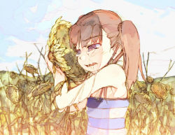 Rule 34 | 1girl, blush, brown hair, crying, crying with eyes open, flower, kitano yuusuke, sad, snot, solo, sunflower, tears, twintails