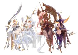 Rule 34 | 4girls, absurdres, armor, arrow (projectile), asymmetrical clothes, bare shoulders, between legs, black hair, blonde hair, bow (weapon), breasts, cleavage, covered navel, crossed legs, dress, elbow gloves, elf, from side, full body, gauntlets, gloves, hair ornament, hair over one eye, hand between legs, hat, high heels, highres, holding, holding staff, kou (kokounene), large breasts, leotard, long dress, long hair, looking at viewer, mitre, mole, mole on breast, multiple girls, multiple views, open mouth, orange eyes, original, pantyhose, pointy ears, ponytail, priest, purple eyes, red hair, see-through, shoes, shoulder armor, sideboob, sidelocks, simple background, single gauntlet, sitting, smile, solo, staff, star (symbol), star hair ornament, tabard, thick thighs, thighhighs, thighs, very long hair, weapon, white background, white dress, white footwear, white pantyhose, witch, witch hat, zoom layer