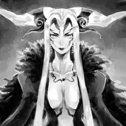 Rule 34 | 1girl, breasts, cleavage, dress, earrings, facial mark, final fantasy, final fantasy viii, greyscale, horns, jewelry, large breasts, lipstick, long hair, makeup, monochrome, parted bangs, puffy sleeves, silver hair, solo, square enix, takanamushi, ultimecia, upper body