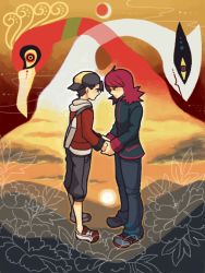 Rule 34 | 00s, 2boys, ahoge, backwards hat, baseball cap, black hair, black jacket, capri pants, creatures (company), ethan (pokemon), eye contact, face-to-face, flower, full body, game freak, gen 2 pokemon, hat, ho-oh, holding hands, jacket, legendary pokemon, long sleeves, looking at another, lugia, male focus, moiko, multiple boys, nintendo, pants, pokemon, pokemon (creature), pokemon hgss, red hair, shorts, silver (pokemon), standing, sun, sunlight, water, waves