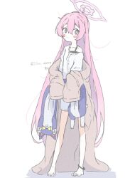 Rule 34 | ahoge, anklet, barefoot, black camisole, blue archive, blush stickers, brown coat, camisole, coat, collarbone, double-parted bangs, full body, hair between eyes, halo, highres, holding, holding stuffed toy, jewelry, koyuki (blue archive), kusa re manjuu, long hair, looking at viewer, loose hair strand, no pants, off shoulder, pink eyes, pink hair, shirt, short eyebrows, simple background, sleeves past fingers, sleeves past wrists, stuffed animal, stuffed cat, stuffed toy, symbol-shaped pupils, twitter username, very long hair, wavecat (blue archive), white background, white shirt