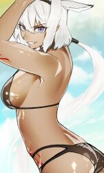 1girl animal_ears armpits arms_up back bare_shoulders bikini black_bikini blue_eyes body_markings breasts caenis_(fate) commentary_request dark-skinned_female dark_skin day extra_ears fate/grand_order fate_(series) hair_between_eyes highres horse_ears kabosoi_mangaka large_breasts long_hair looking_at_viewer outdoors ponytail solo swimsuit tattoo teeth white_hair