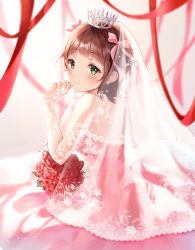 Rule 34 | 1girl, alternate costume, amami haruka, backless dress, backless outfit, bare shoulders, blunt bangs, blush, bouquet, bridal gauntlets, bridal veil, bride, brown hair, crown, dress, earrings, flower, gloves, green eyes, hair ribbon, heeri, highres, holding, holding bouquet, idolmaster, idolmaster (classic), idolmaster million live!, jewelry, lace, lace-trimmed gloves, lace-trimmed veil, lace trim, light smile, looking at viewer, looking back, off-shoulder dress, off shoulder, pink dress, ribbon, rose, short hair, solo, veil, wedding dress