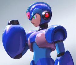 Rule 34 | 1boy, android, arm at side, arm cannon, armor, blue bodysuit, blue headwear, bodysuit, closed mouth, commentary request, from side, gradient background, green eyes, grey background, hand up, helmet, highres, hoshi mikan, male focus, mega man (series), x (mega man), mega man x (series), profile, robot ears, serious, simple background, solo, upper body, weapon