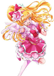 Rule 34 | 1girl, ;d, absurdres, asahina mirai, blonde hair, boots, bow, brooch, cowboy shot, cure miracle, duplicate, gloves, hair bow, hairband, half updo, hat, highres, jewelry, knee boots, long hair, looking at viewer, magical girl, mahou girls precure!, mini hat, mini witch hat, one eye closed, open mouth, outstretched hand, pink hairband, pink hat, pink skirt, ponytail, precure, purple eyes, red bow, sharumon, skirt, smile, solo, standing, standing on one leg, white background, white footwear, white gloves, witch hat