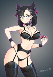 Rule 34 | 1girl, absurdres, aqua eyes, asymmetrical bangs, bandana, black bandana, black bra, black choker, black garter belt, black hair, black panties, black thighhighs, blush, bow, bow bra, bra, breasts, choker, closed mouth, commentary, cowboy shot, creatures (company), earrings, english commentary, game freak, garter belt, hair ribbon, halterneck, highres, holding, holding poke ball, jarckius, jewelry, large breasts, light frown, lingerie, looking at viewer, marnie (pokemon), medium hair, mixed-language commentary, navel, nintendo, outline, panties, pendant, pink outline, poke ball, poke ball (basic), pokemon, pokemon swsh, red ribbon, ribbon, solo, standing, stud earrings, thighhighs, twintails, twitter username, two side up, undercut, underwear, wristband