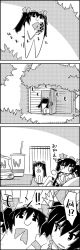 Rule 34 | 1girl, 4koma, ^^^, bag, cellphone, checkered clothes, checkered skirt, comic, commentary request, cup, door, doorway, drinking straw, floating, greyscale, hair ribbon, hat, highres, himekaidou hatate, holding, holding phone, monochrome, necktie, opening door, paper bag, phone, ribbon, short sleeves, skirt, smile, tani takeshi, tokin hat, touhou, translation request, twintails, yukkuri shiteitte ne