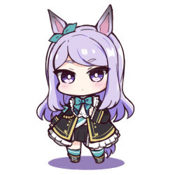 Rule 34 | 1girl, animal ears, black footwear, black jacket, black skirt, blue bow, blue legwear, blush, boots, bow, chibi, closed mouth, commentary request, ear ribbon, frilled jacket, frilled sleeves, frills, green ribbon, horse ears, horse girl, horse tail, jacket, long hair, long sleeves, looking at viewer, mejiro mcqueen (umamusume), nozo (hitomiz), pleated skirt, purple eyes, purple hair, ribbon, skirt, sleeves past wrists, solo, tail, umamusume