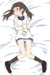 Rule 34 | 10s, 1girl, bed sheet, blue eyes, blue ribbon, blue shirt, blush, brave witches, brown hair, collared shirt, georgette lemare, hair ribbon, homare (homaredai), long hair, long sleeves, looking away, lying, military, military uniform, on back, panties, ribbon, shirt, simple background, solo, strike witches, twintails, underwear, uniform, white panties, world witches series