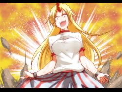 Rule 34 | 1girl, blonde hair, breasts, cuffs, horns, hoshiguma yuugi, letterboxed, long hair, open mouth, shackles, single horn, skirt, smile, solo, star (symbol), takorice, touhou