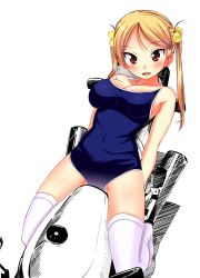 Rule 34 | 10s, 1girl, :3, bakuon!!, bare shoulders, bell, blonde hair, blush, breasts, cleavage, colorized, competition school swimsuit, exhaust, hair bell, hair ornament, hamstring, highres, large breasts, looking at viewer, motor vehicle, motorcycle, one-piece swimsuit, orimoto mimana, red eyes, school swimsuit, simple background, smile, solo, suzuki, suzuki (company), suzunoki rin, swimsuit, thighhighs, twintails, vehicle, white background, white thighhighs
