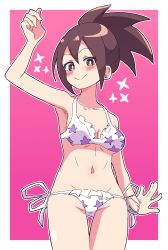 Rule 34 | 1girl, absurdres, bikini, blush, brown eyes, brown hair, buzzlyears, copyright request, highres, looking at viewer, navel, outside border, ponytail, print bikini, smile, solo, star (symbol), star print, swimsuit, thigh gap