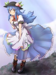 Rule 34 | 1girl, blue hair, boots, female focus, food, fruit, full body, hat, hinanawi tenshi, kou (haijindeath), long hair, nature, outdoors, peach, red eyes, see-through, sky, solo, touhou