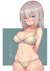 Rule 34 | &gt;:(, 10s, 1girl, arms behind back, blue eyes, bow, bow panties, bra, breasts, character name, cleavage, collarbone, cowboy shot, frown, girls und panzer, grey bra, grey hair, grey panties, itsumi erika, large breasts, looking at viewer, navel, panties, simple background, skindentation, solo, sweatdrop, try (lsc), underwear, underwear only, v-shaped eyebrows