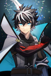 Rule 34 | 1boy, armor, belt, black hair, blue cape, blue eyes, brown belt, cape, charlemagne (fate), closed mouth, commentary request, fate/extella, fate/extella link, fate/extra, fate/grand order, fate (series), gloves, glowing, glowing eyes, holding, holding sword, holding weapon, joyeuse ordre (fate), ki lly, light particles, light smile, long sleeves, looking at viewer, male focus, multicolored hair, puffy sleeves, short hair, solo, sword, two-tone hair, upper body, weapon, white armor, white cape, white hair