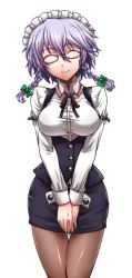 Rule 34 | 1girl, ^ ^, bespectacled, braid, breasts, closed eyes, contemporary, covering privates, covering crotch, dress shirt, closed eyes, female focus, glasses, hair ribbon, head tilt, izayoi sakuya, maid headdress, medium breasts, office lady, pantyhose, parody, pencil skirt, ribbon, segami daisuke, shirt, silver hair, skirt, smile, solo, standing, taimanin (series), taimanin asagi, thigh gap, thighs, touhou, transparent, transparent background, twin braids, v arms, vest