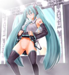 Rule 34 | 1girl, aqua eyes, aqua hair, bare shoulders, black thighhighs, blush, clothes lift, detached sleeves, exhibitionism, hair ornament, hatsune miku, headphones, kasuga yukihito, long hair, necktie, no panties, public indecency, pussy, revision, screen, skirt, skirt lift, solo, stage, stage lights, sweatdrop, tattoo, thighhighs, twintails, uncensored, very long hair, vocaloid