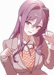 Rule 34 | 1girl, blush, bow, bowtie, breasts, brown sweater vest, doki doki literature club, dress shirt, eyelashes, hair between eyes, hair ornament, hairclip, highres, jacket, large breasts, long sleeves, looking at viewer, open mouth, purple eyes, purple hair, red bow, red bowtie, ribbon, school uniform, shirt, simple background, smile, solo, sweater vest, tongue, upper body, white background, white shirt, yuna 4568, yuri (doki doki literature club)
