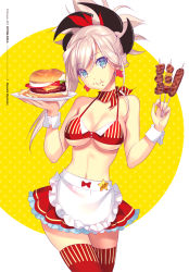 Rule 34 | 1girl, apron, bikini, blue eyes, breasts, burger, character name, cleavage, cowboy shot, earrings, eating, fate/grand order, fate (series), food, hair ornament, holding, holding tray, jewelry, kebab, large breasts, looking at viewer, miyamoto musashi (fate), navel, nishimura eri, pink hair, ponytail, red bikini, red scarf, scarf, shish kebab, skindentation, smile, solo, star (symbol), stomach, swimsuit, thighhighs, tray, waist apron