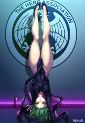 Rule 34 | 1girl, absurdres, artist name, bare legs, black dress, black footwear, breasts, collarbone, covered navel, curly hair, dress, green eyes, green hair, handstand, headstand, heel, high heels, highres, kawer, legs, long sleeves, looking at viewer, lycoris challenge (meme), lycoris recoil, meme, no panties, one-punch man, one arm handstand, parody, scene reference, skin tight, small breasts, smile, tatsumaki, thick thighs, thigh gap, thighs, upside-down, wide hips