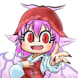 Rule 34 | 1girl, animal ears, bird wings, brown eyes, brown hat, chamaji, commentary, feathered wings, fingernails, hair between eyes, hand on own chest, hat, long fingernails, long sleeves, looking at viewer, lowres, mystia lorelei, open mouth, outstretched hand, pink hair, profile picture, ribbon, sharp fingernails, short hair, signature, smile, solo, touhou, upper body, winged hat, wings
