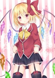 Rule 34 | 1girl, alternate costume, black skirt, black thighhighs, blazer, blonde hair, blush, bow, bowtie, clothes lift, contemporary, cowboy shot, crystal, flandre scarlet, garter straps, hair bow, hairband, highres, hyurasan, jacket, kneeling, lifting own clothes, long sleeves, looking at viewer, miniskirt, parted lips, pleated skirt, red bow, red eyes, school uniform, side ponytail, skirt, skirt lift, solo, thighhighs, touhou, wings, yellow bow, yellow bowtie